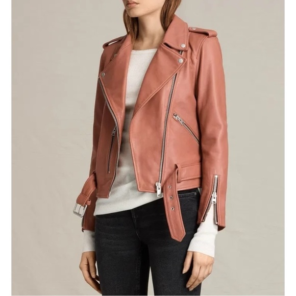 All Saints Jackets & Blazers - All Saints Balfern Biker Jacket - Coral Pink Red Lamb Leather Belted Jacket sz 6